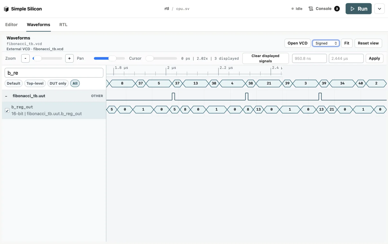 Simple Silicon waveform viewer displaying simulation signals from a Fibonacci testbench
